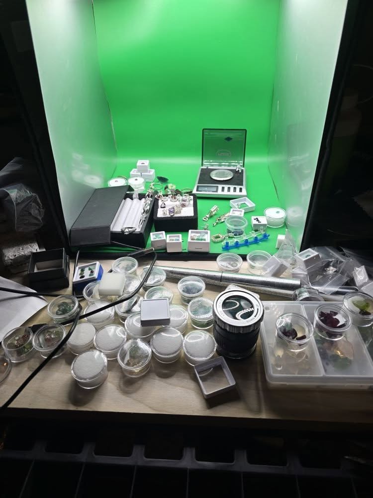 Gem cutter workbench with stones and tools